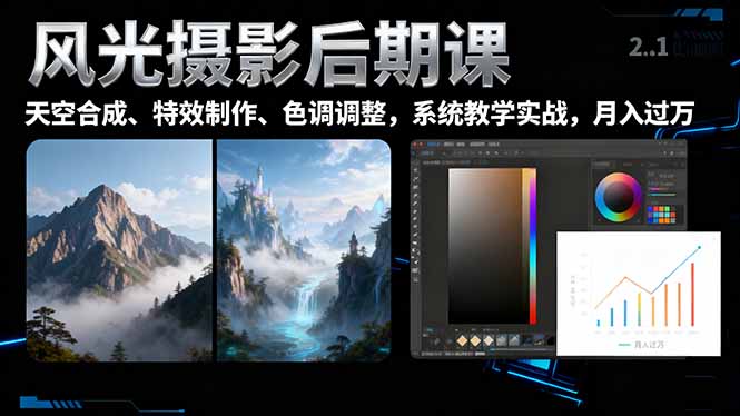 风光摄影后期课,一键换天空合成、特效制作、色调调整,月入过万-丰收创业