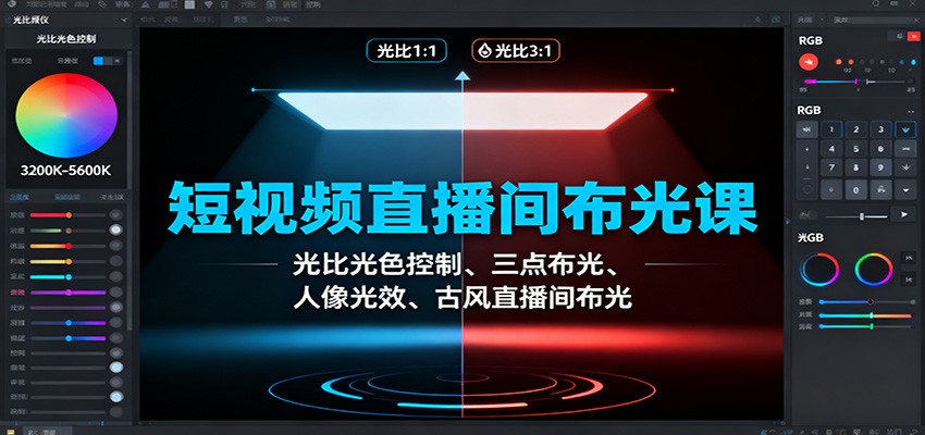 短视频直播间布光课:光比光色控制、三点布光、人像光效、古风直播间布光-丰收创业