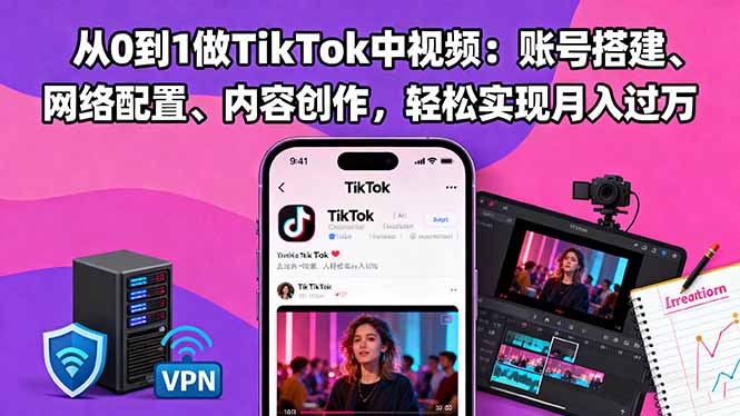 从0到1做TikTok中视频:账号搭建、网络配置、内容创作,轻松实现月入过万-丰收创业