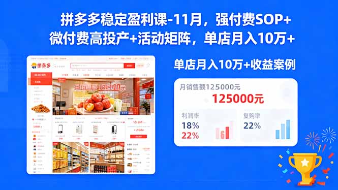 拼多多稳定盈利课-11月,强付费SOP+微付费高投产+活动矩阵,单店月入10万+-丰收创业