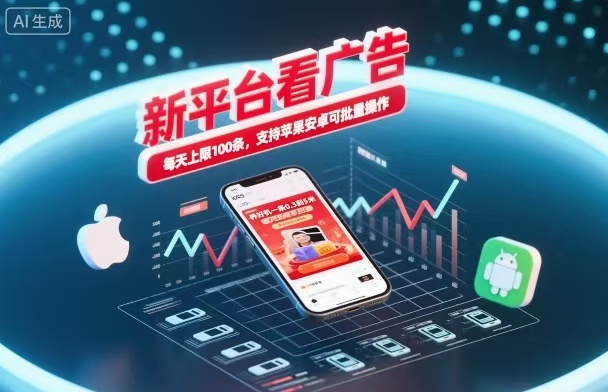 新台看广告，养好机一条5毛到5块，单机日入30到100，支持苹果安卓，可批量操作。-丰收创业