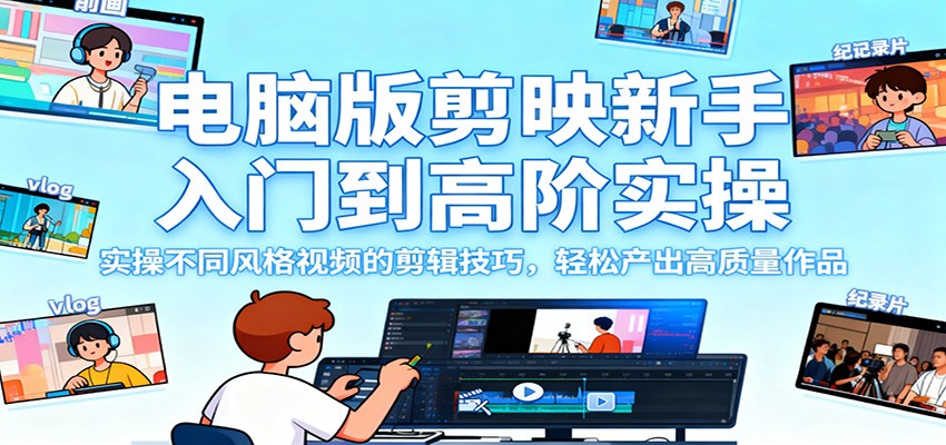 电脑版剪映新手入门到高阶实操,实操不同风格视频的剪辑技巧,轻松产出高质量作品-丰收创业