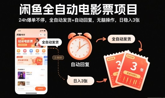 闲鱼全自动电影票项目，24h爆单不停，全自动发货+自动回复，无脑操作，日稳入3张【揭秘】-丰收创业